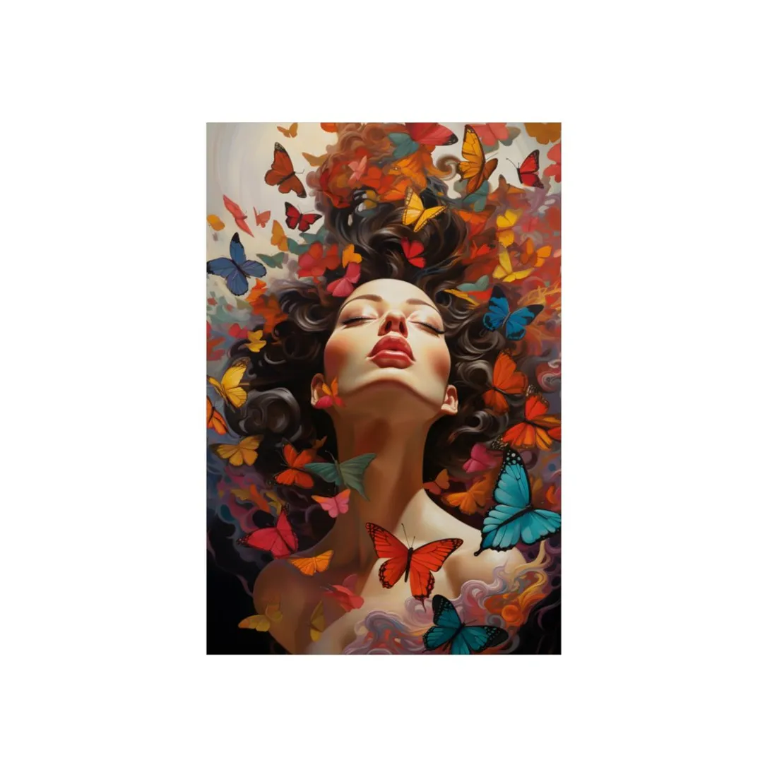 Woman's Portrait Surrounded by Colorful Butterflies - Metal Poster