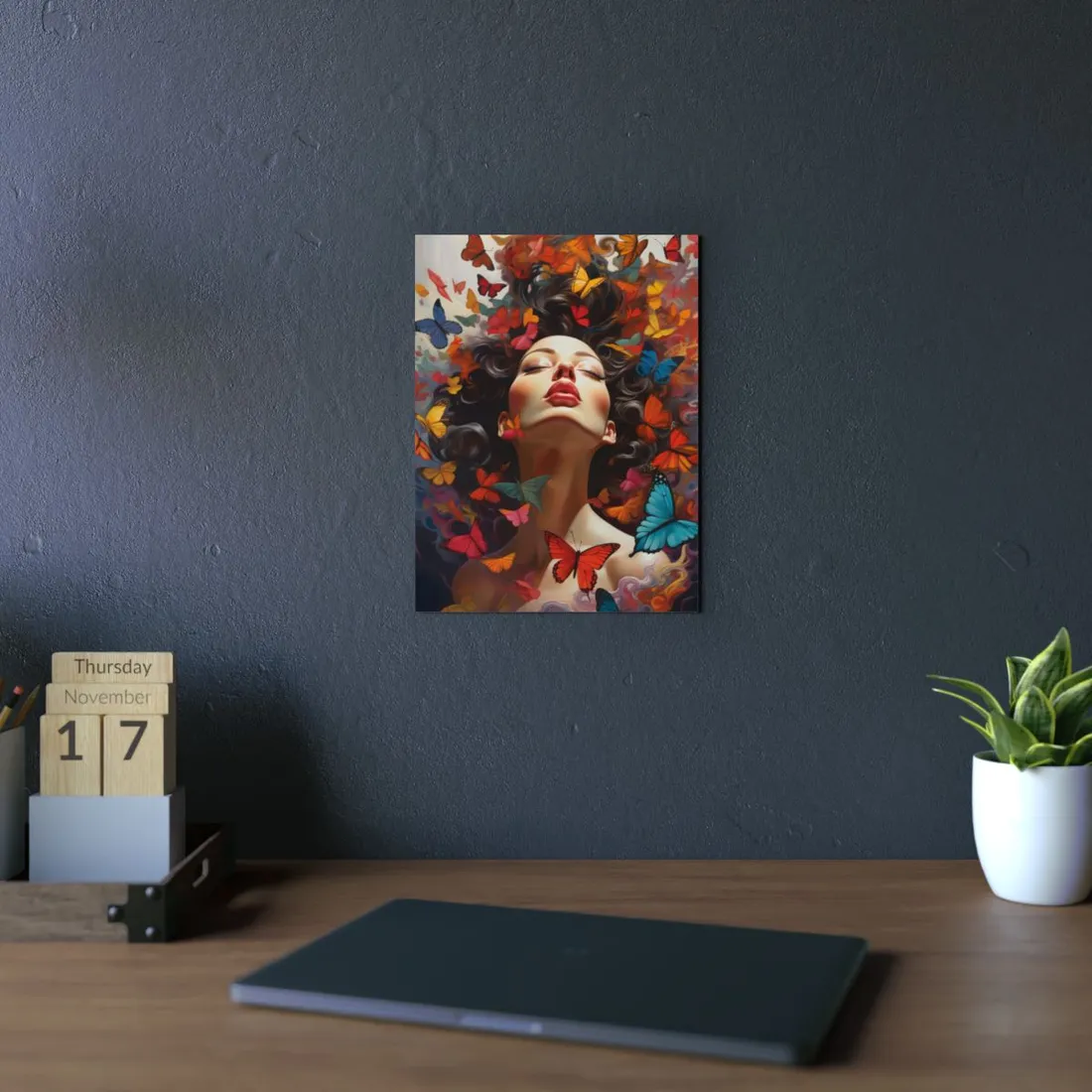 Woman's Portrait Surrounded by Colorful Butterflies - Metal Poster