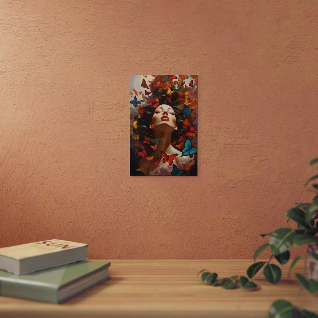 Woman's Portrait Surrounded by Colorful Butterflies - Metal Poster