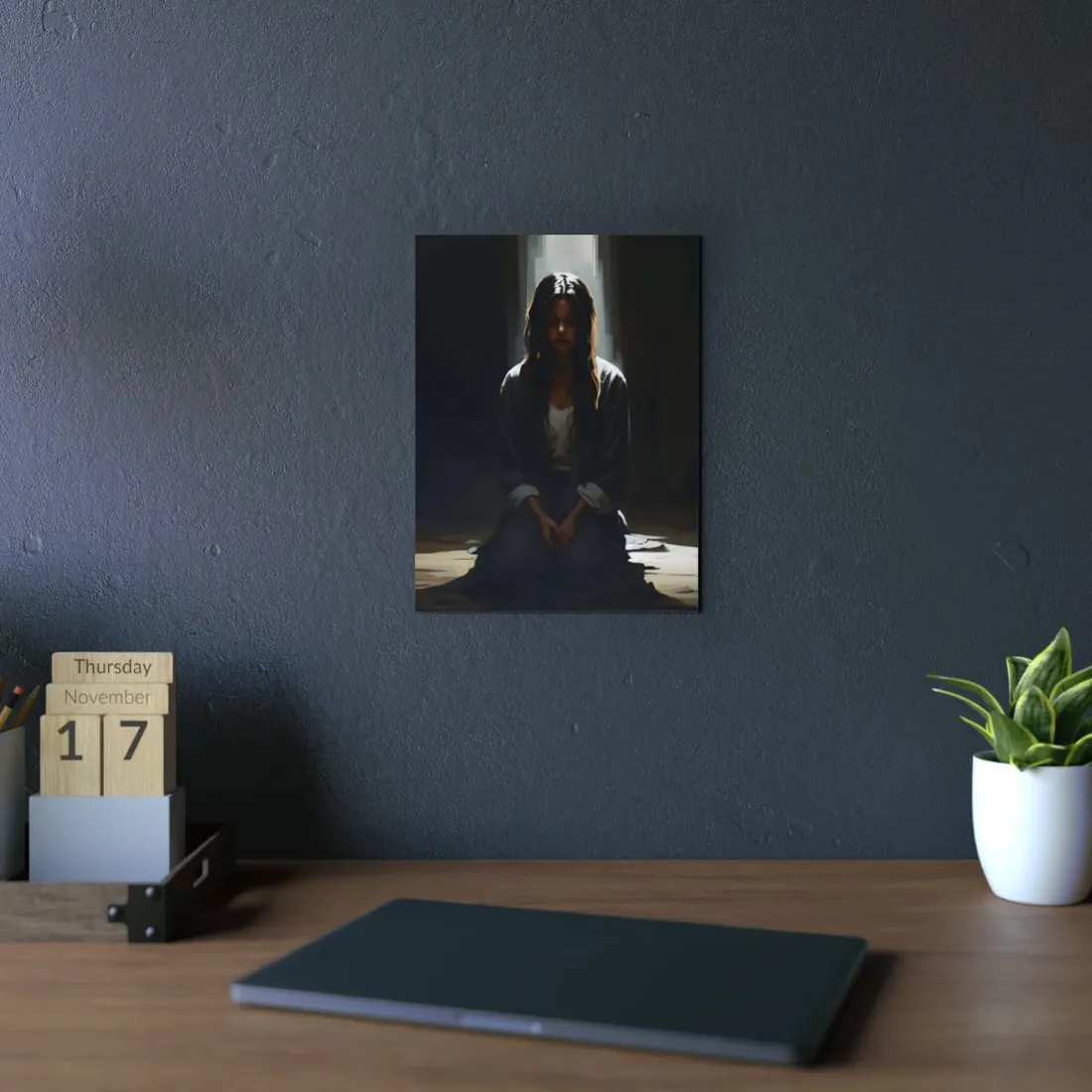 Woman Seated in Shadow: Dark Contemplative Portrait - Metal Poster