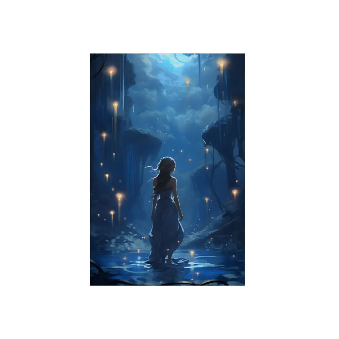 Woman Walking Among Floating Islands: Blue Fantasy Night Scene - Metal Poster