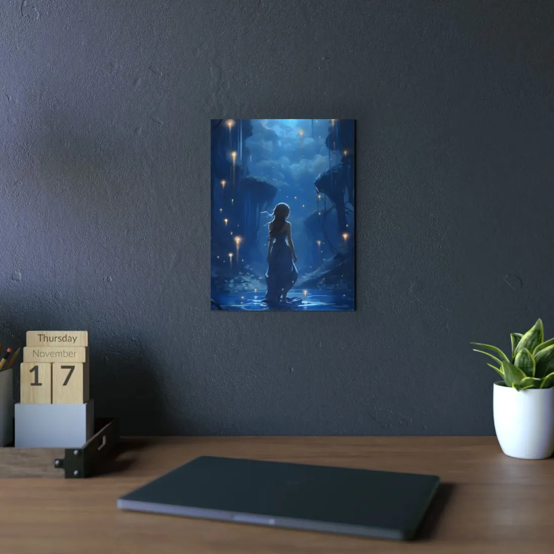 Woman Walking Among Floating Islands: Blue Fantasy Night Scene - Metal Poster