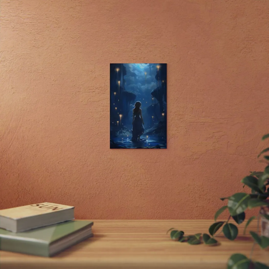 Woman Walking Among Floating Islands: Blue Fantasy Night Scene - Metal Poster