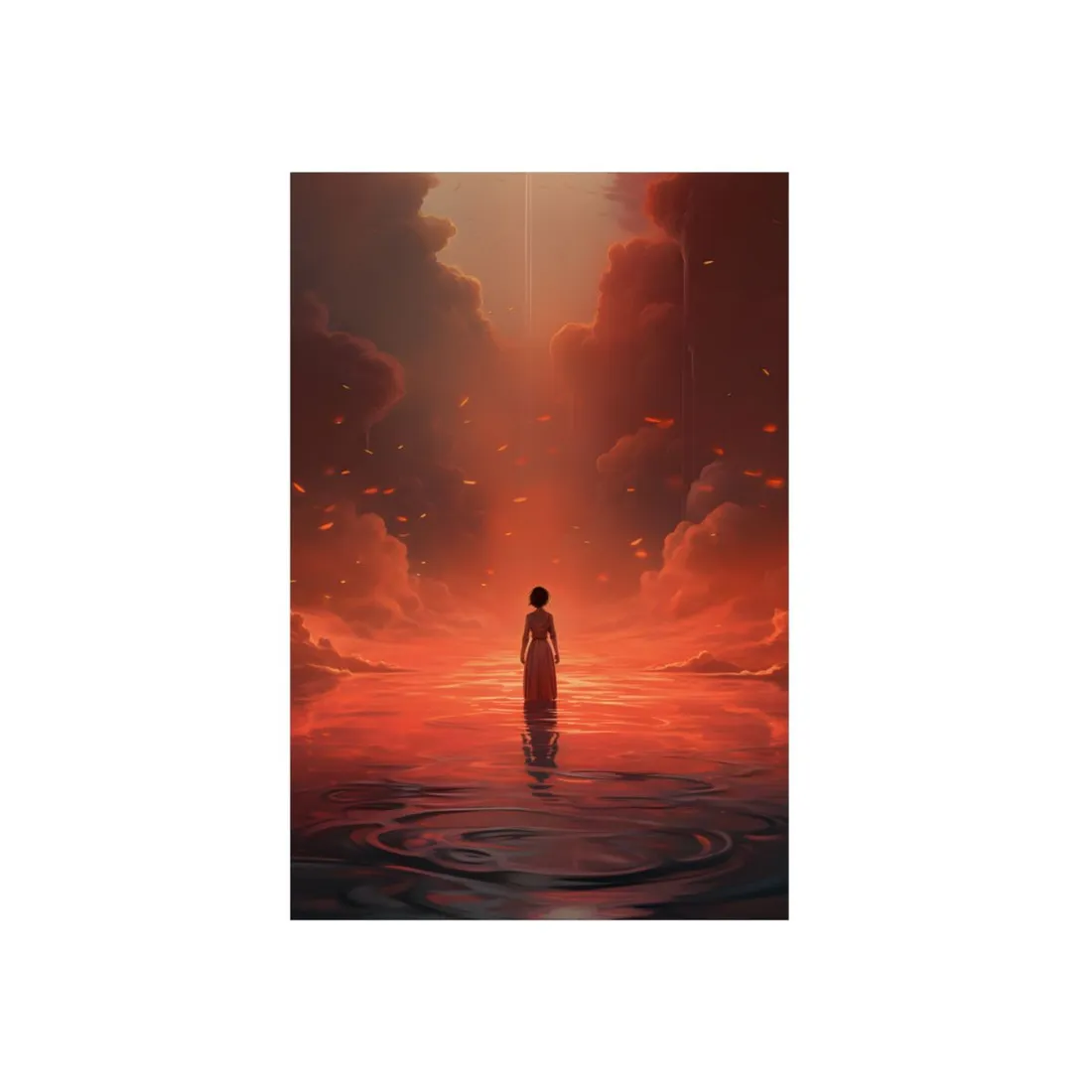 Woman Walking Through the Red Glow: Fiery Fantasy Landscape - Metal Poster