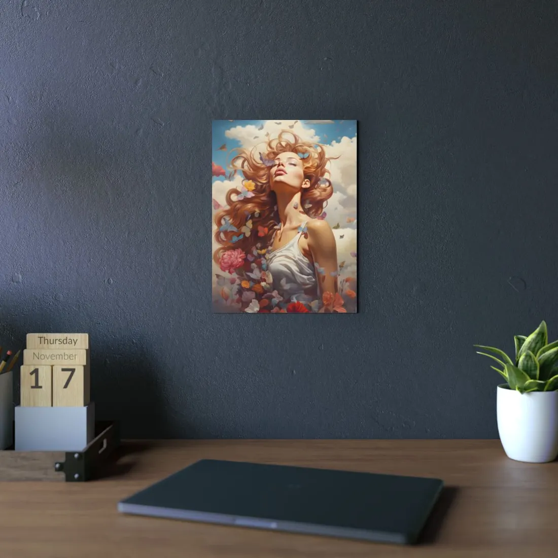 Woman with Flowers and Butterflies in Her Hair: Dreamy Portrait - Metal Poster