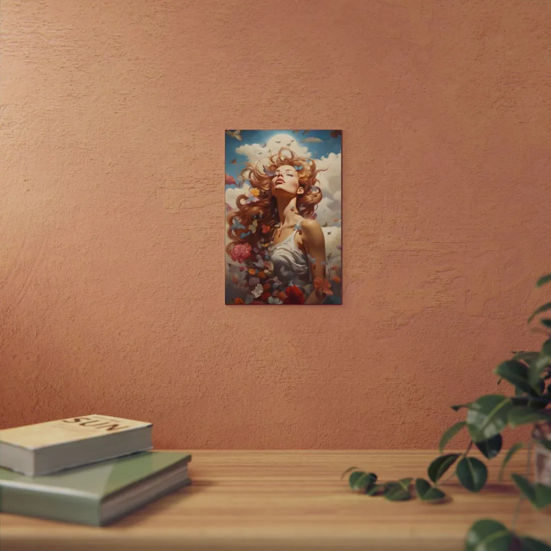 Woman with Flowers and Butterflies in Her Hair: Dreamy Portrait - Metal Poster