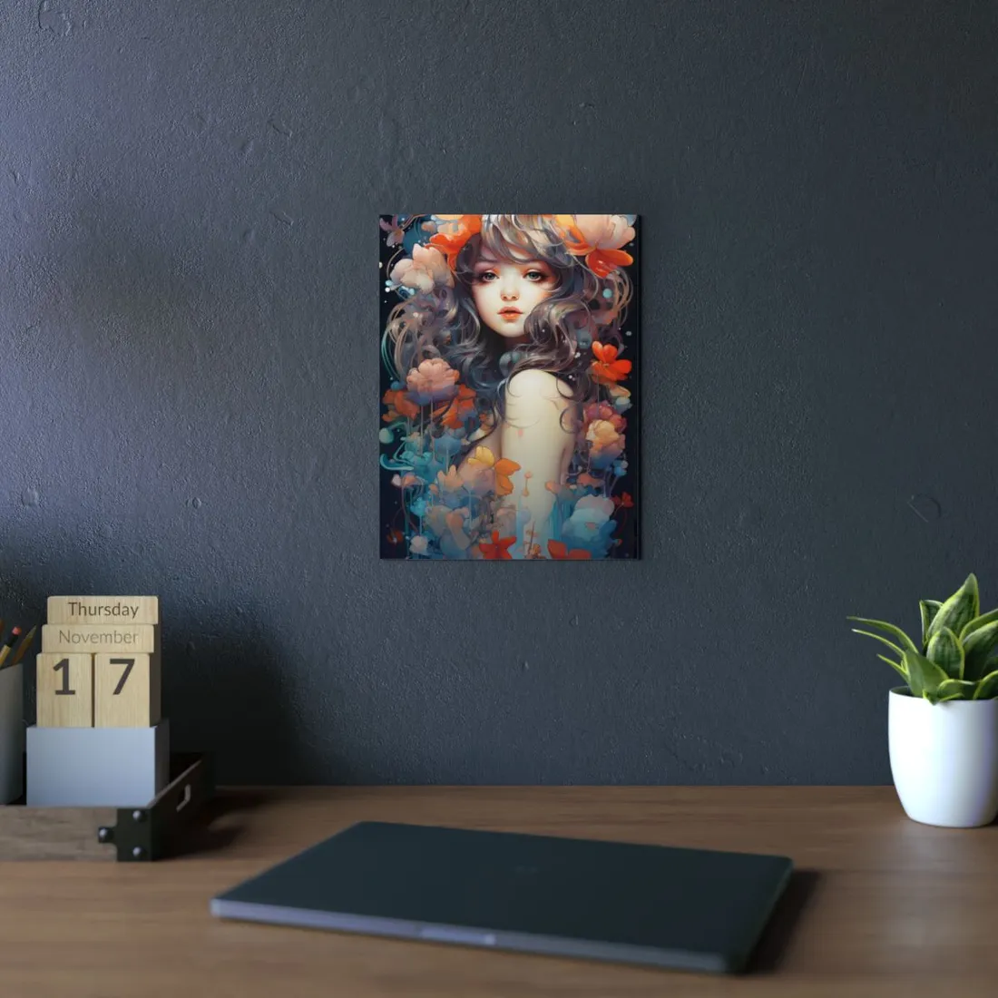 Woman with Flowing Floral Hair: Fantasy Portrait - Metal Poster