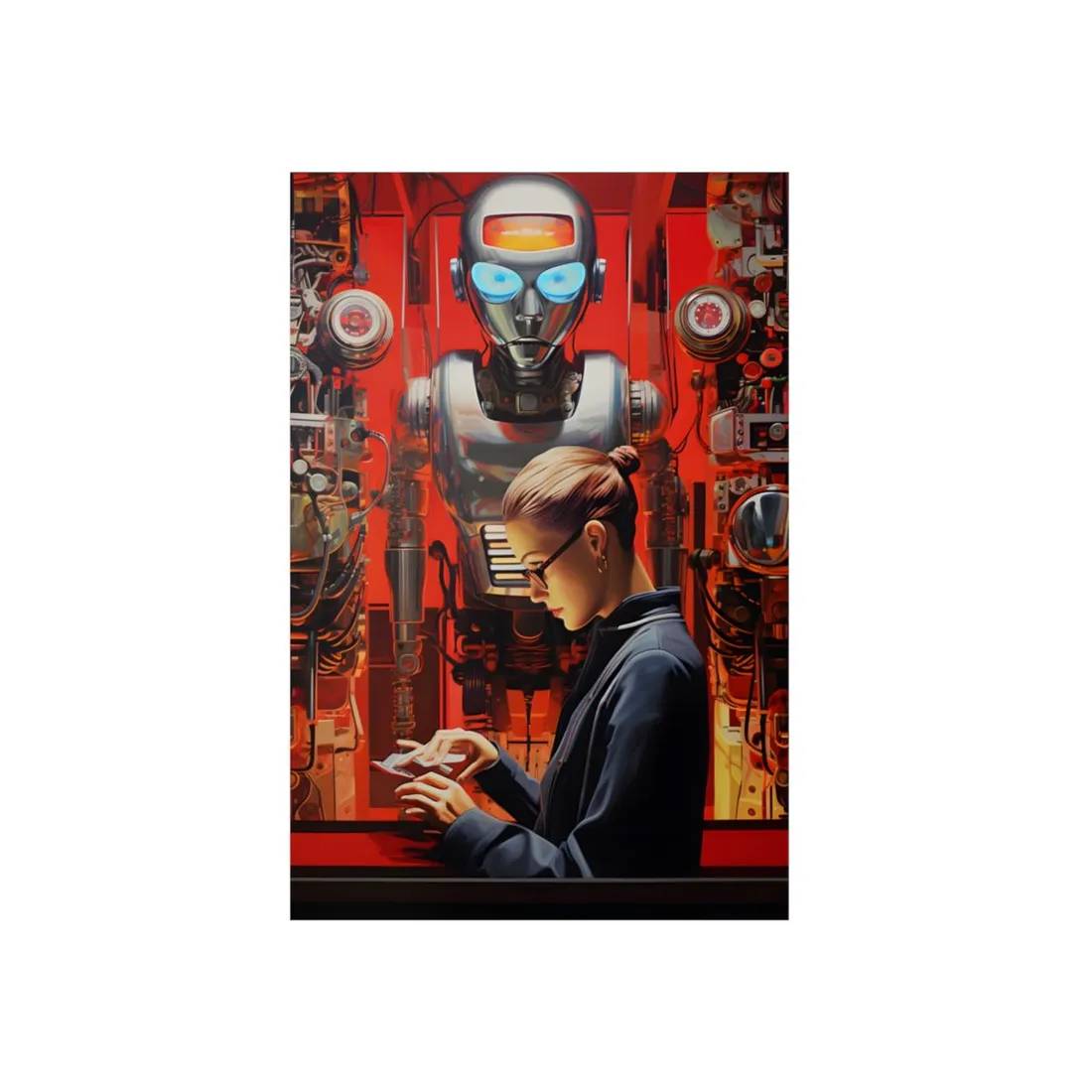 Woman with Red Mechanical Robot: Sci-Fi Workshop - Metal Poster