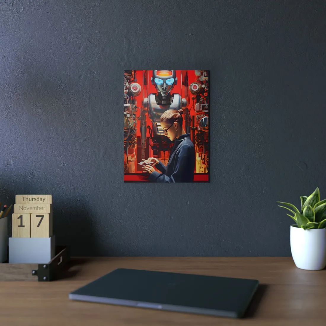 Woman with Red Mechanical Robot: Sci-Fi Workshop - Metal Poster