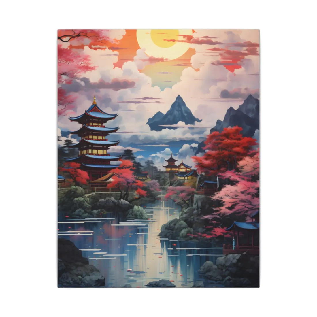 Wonderful Japanese River Scene with Serene Flowers - Canvas