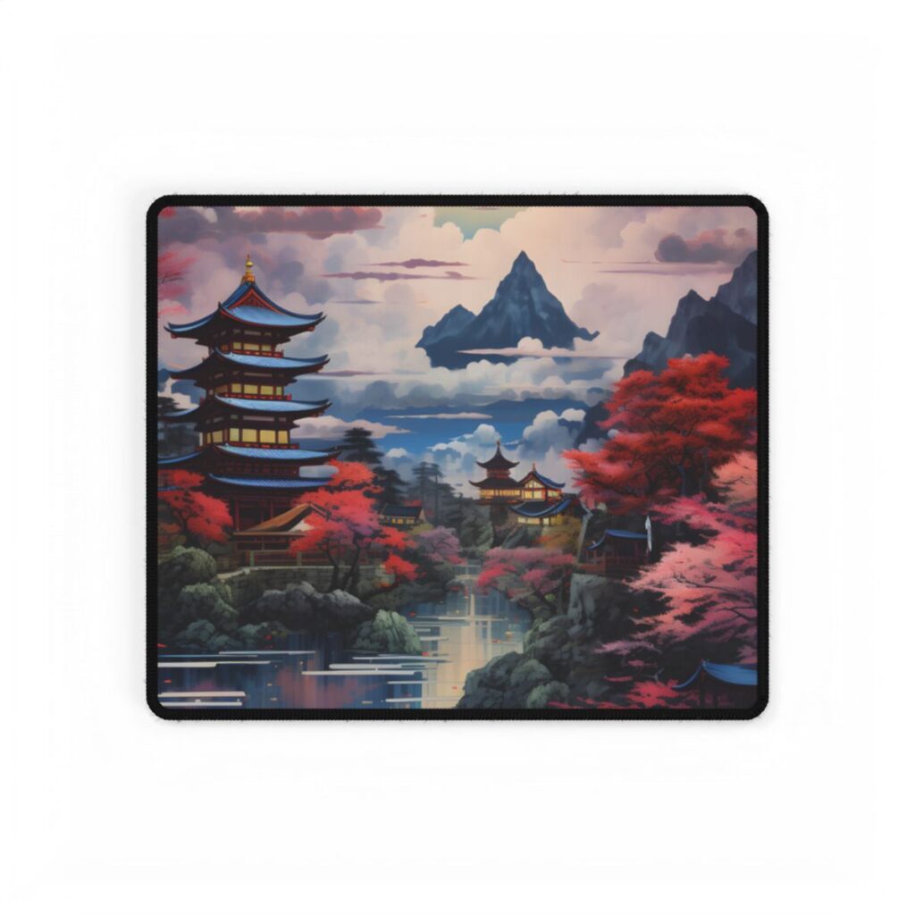 Wonderful Japanese River Scene with Serene Flowers - Desk Mat