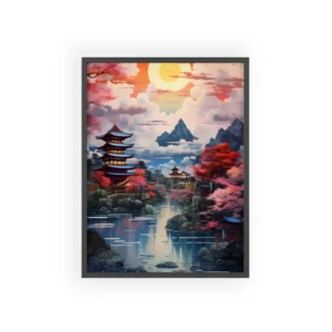 Pagoda by Lake at Sunset Framed Poster