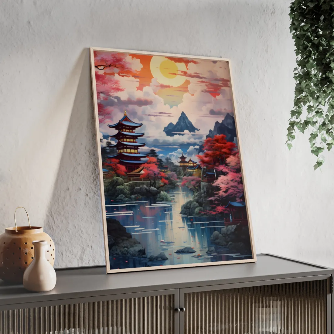 Wonderful Japanese River Scene with Serene Flowers - Framed Poster