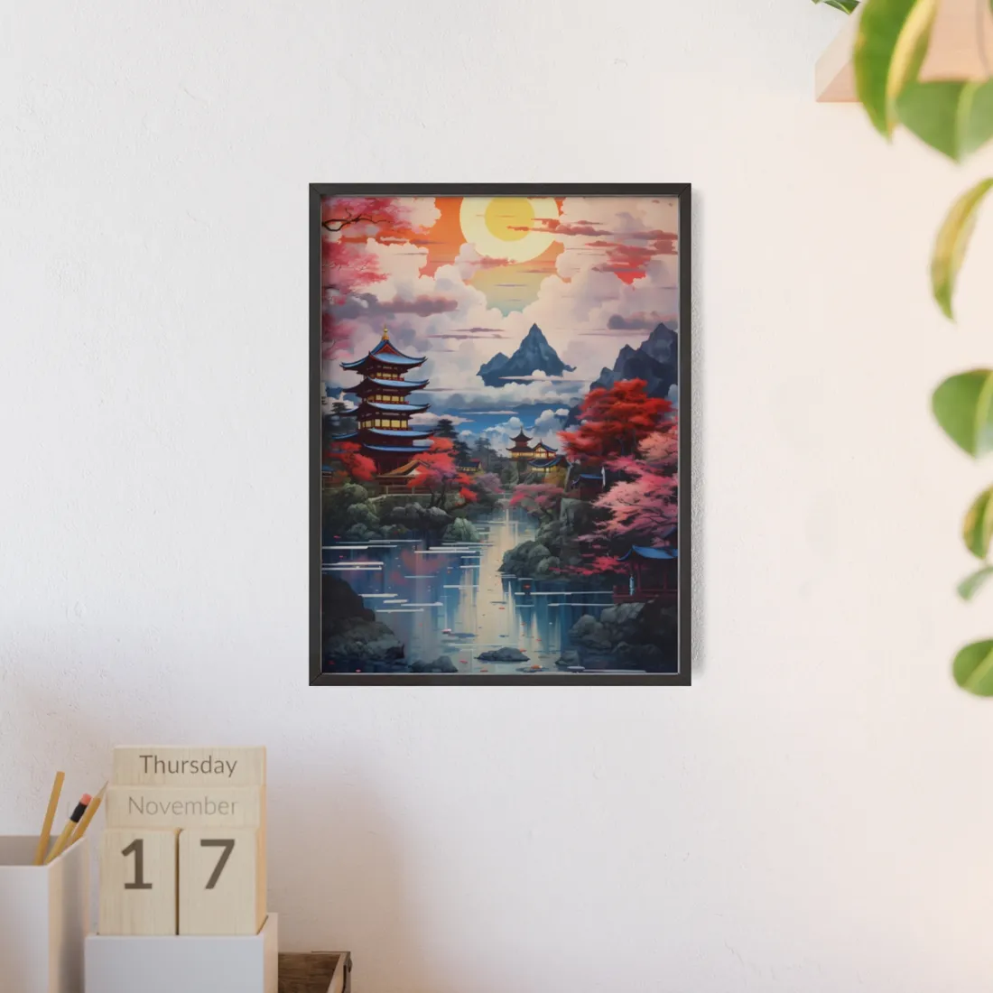 Wonderful Japanese River Scene with Serene Flowers - Framed Poster