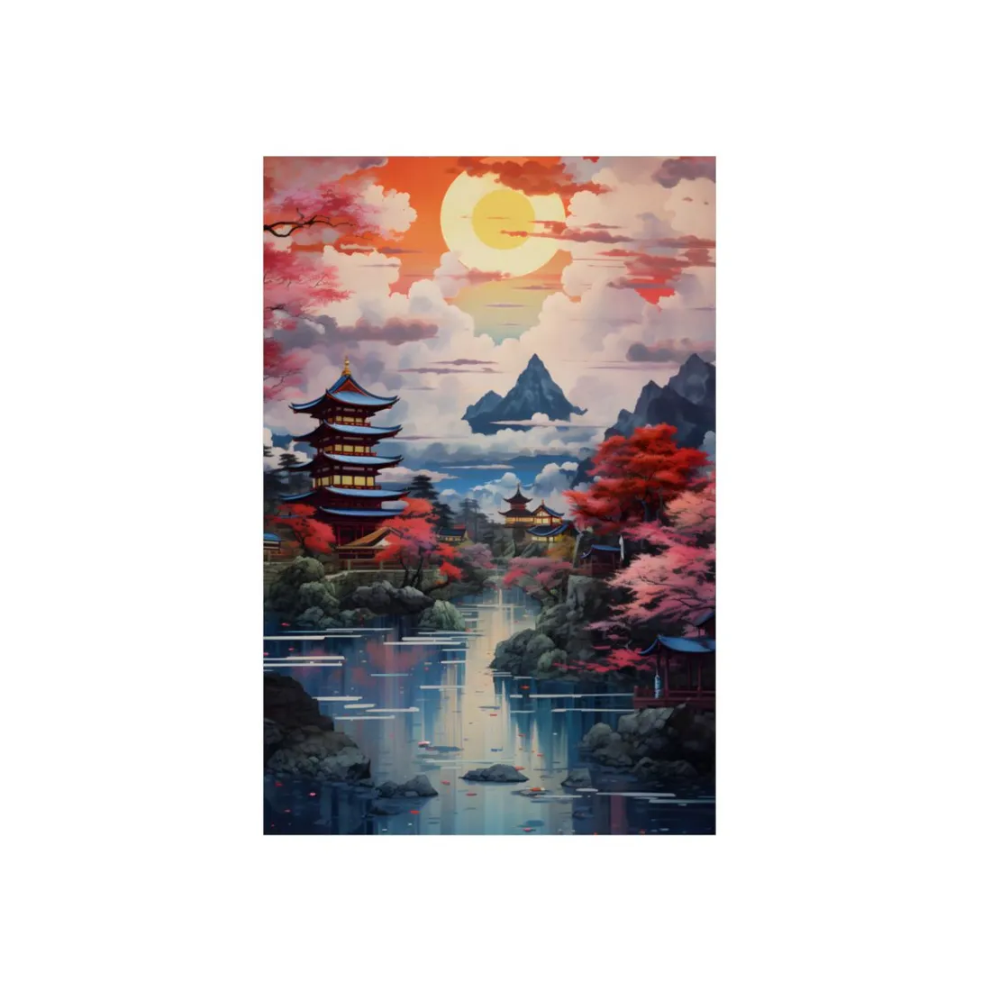 Wonderful Japanese River Scene with Serene Flowers - Metal Poster