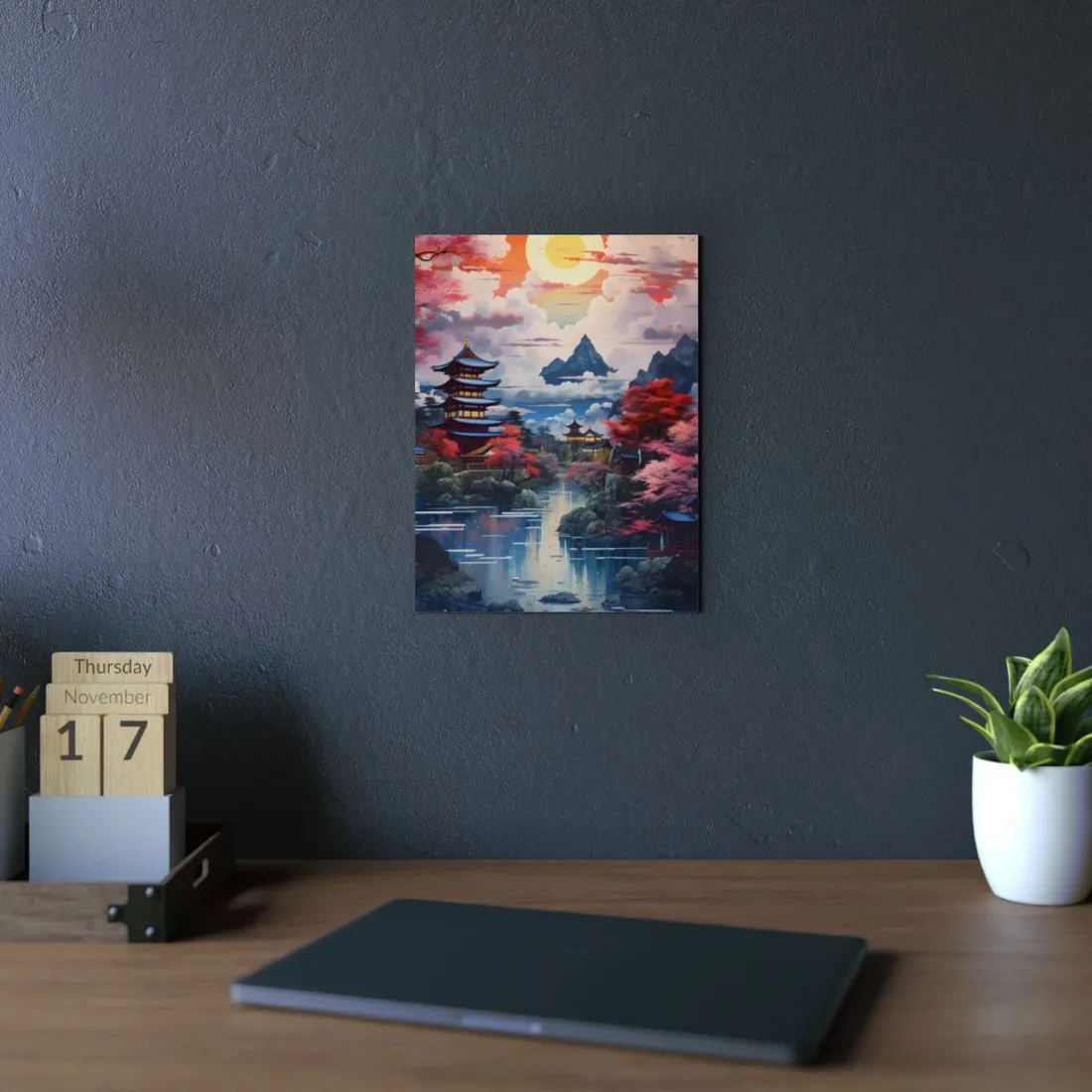 Wonderful Japanese River Scene with Serene Flowers - Metal Poster