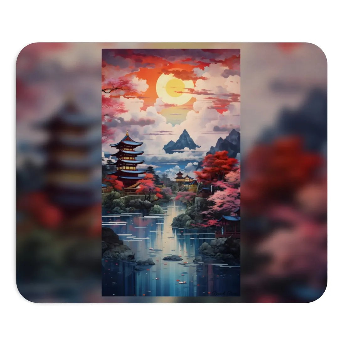Wonderful Japanese River Scene with Serene Flowers - Mouse Pad