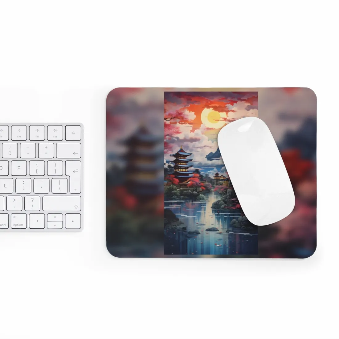 Wonderful Japanese River Scene with Serene Flowers - Mouse Pad