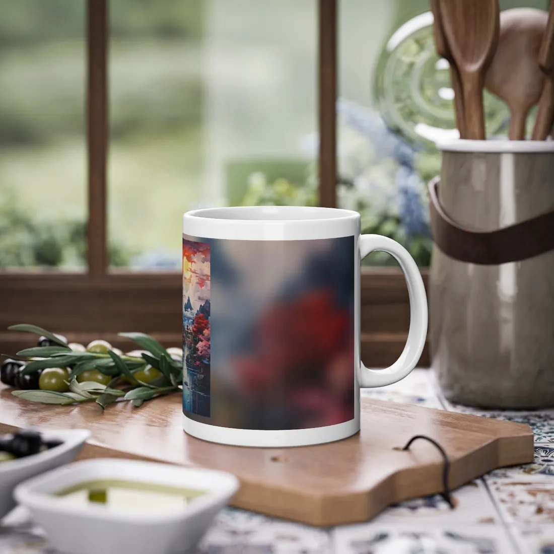 Wonderful Japanese River Scene with Serene Flowers - Mug