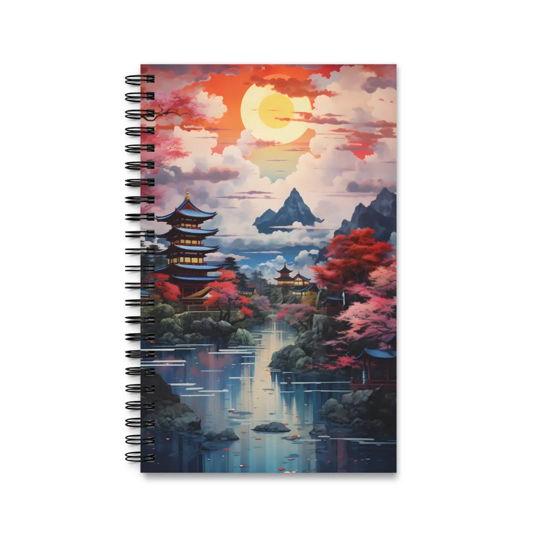 Wonderful Japanese River Scene with Serene Flowers - Spiral Notebook