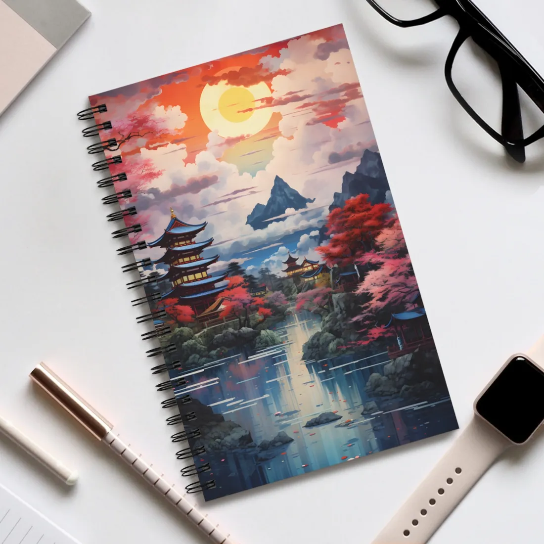 Wonderful Japanese River Scene with Serene Flowers - Spiral Notebook