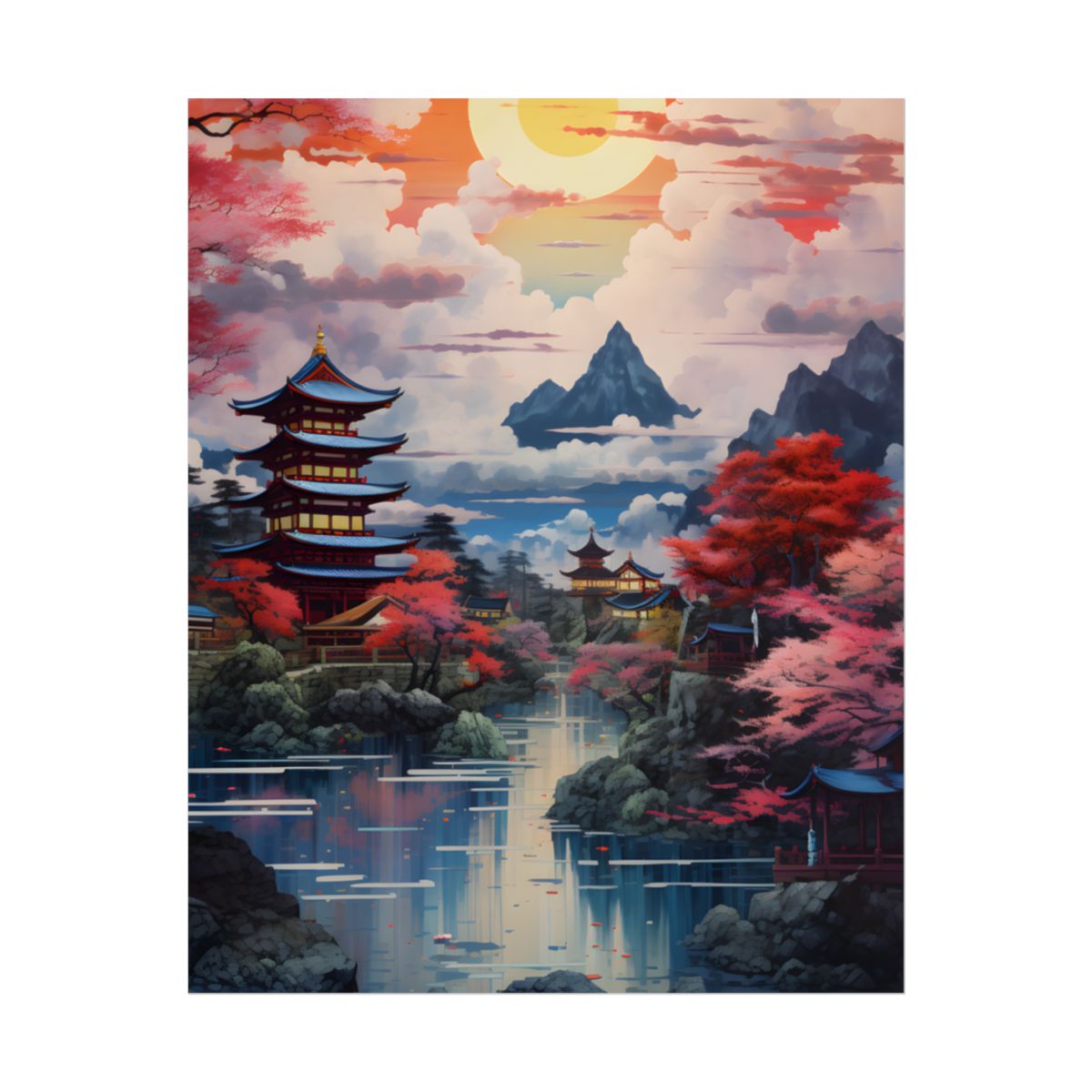 Wonderful Japanese River Scene with Serene Flowers - Poster