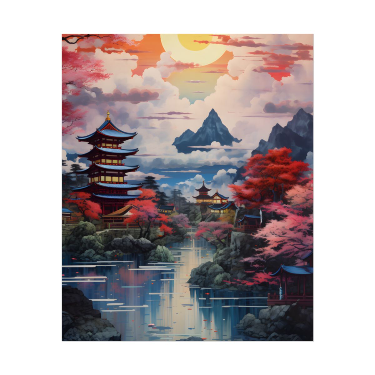 Wonderful Japanese River Scene with Serene Flowers - Poster