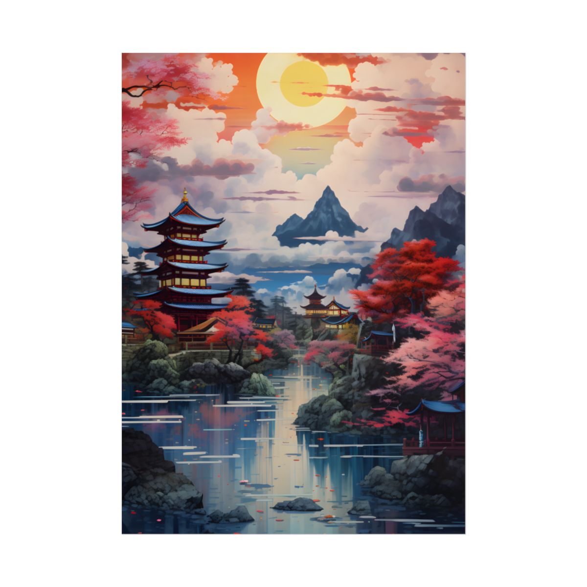 Wonderful Japanese River Scene with Serene Flowers - Poster