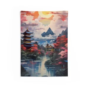 Pagoda by Lake at Sunset Wall Tapestry