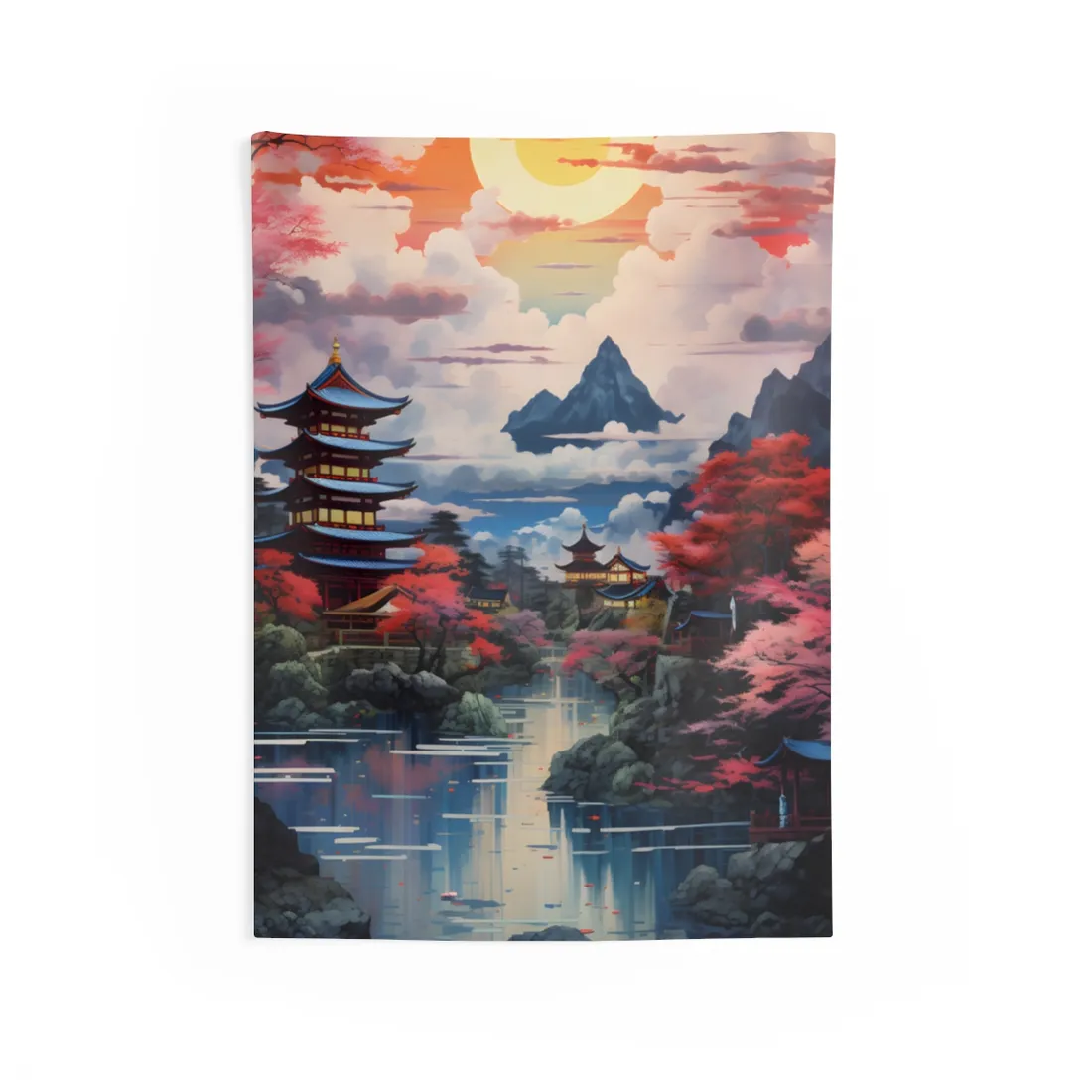 Wonderful Japanese River Scene with Serene Flowers - Wall Tapestry