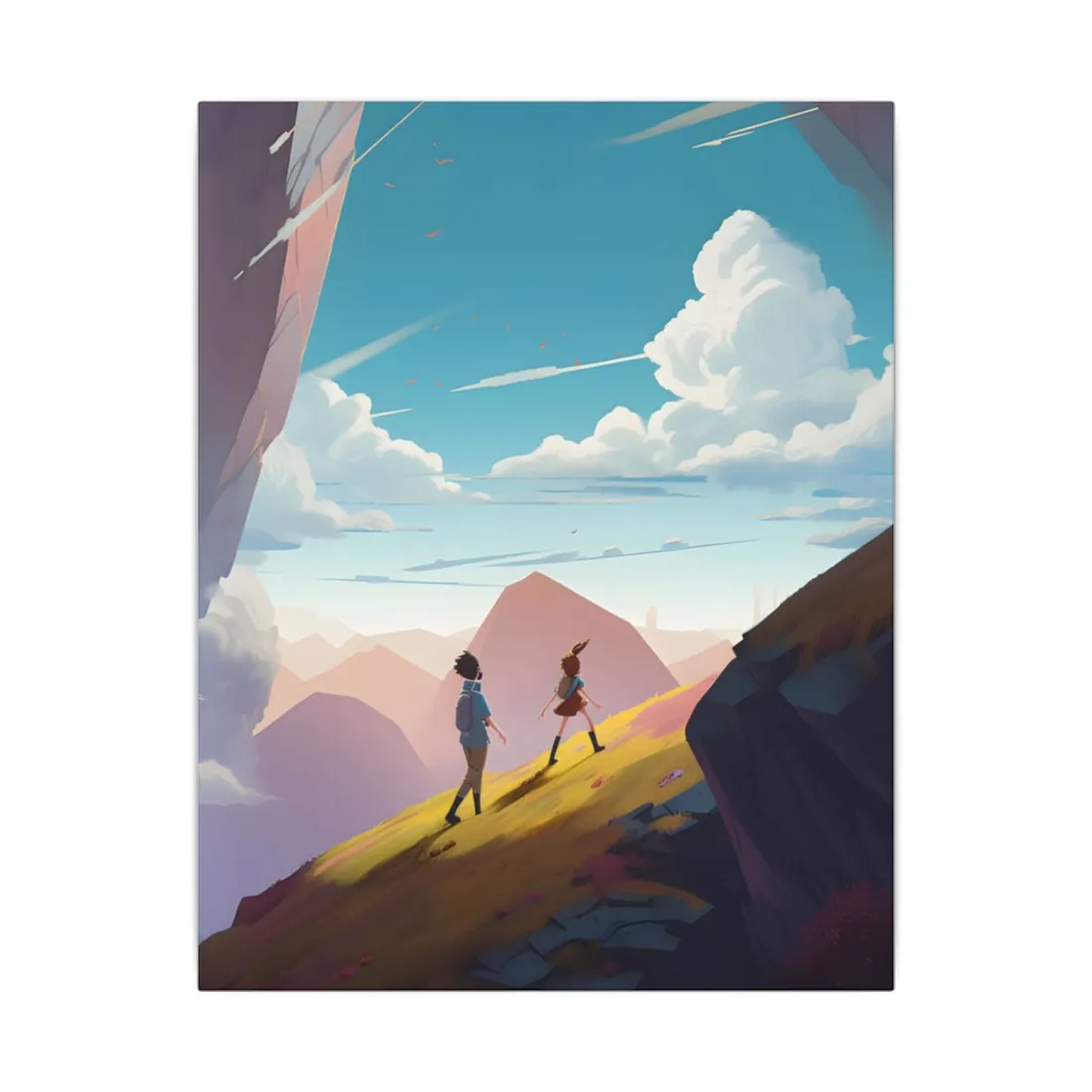 Young Boy and Girl on Cloudy Meadow: Outdoor Landscape Art - Canvas