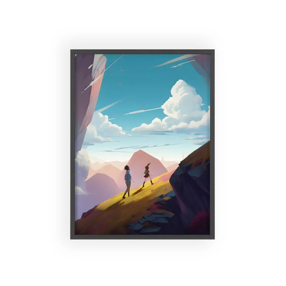 Young Boy and Girl on Cloudy Meadow: Outdoor Landscape Art - Framed Poster