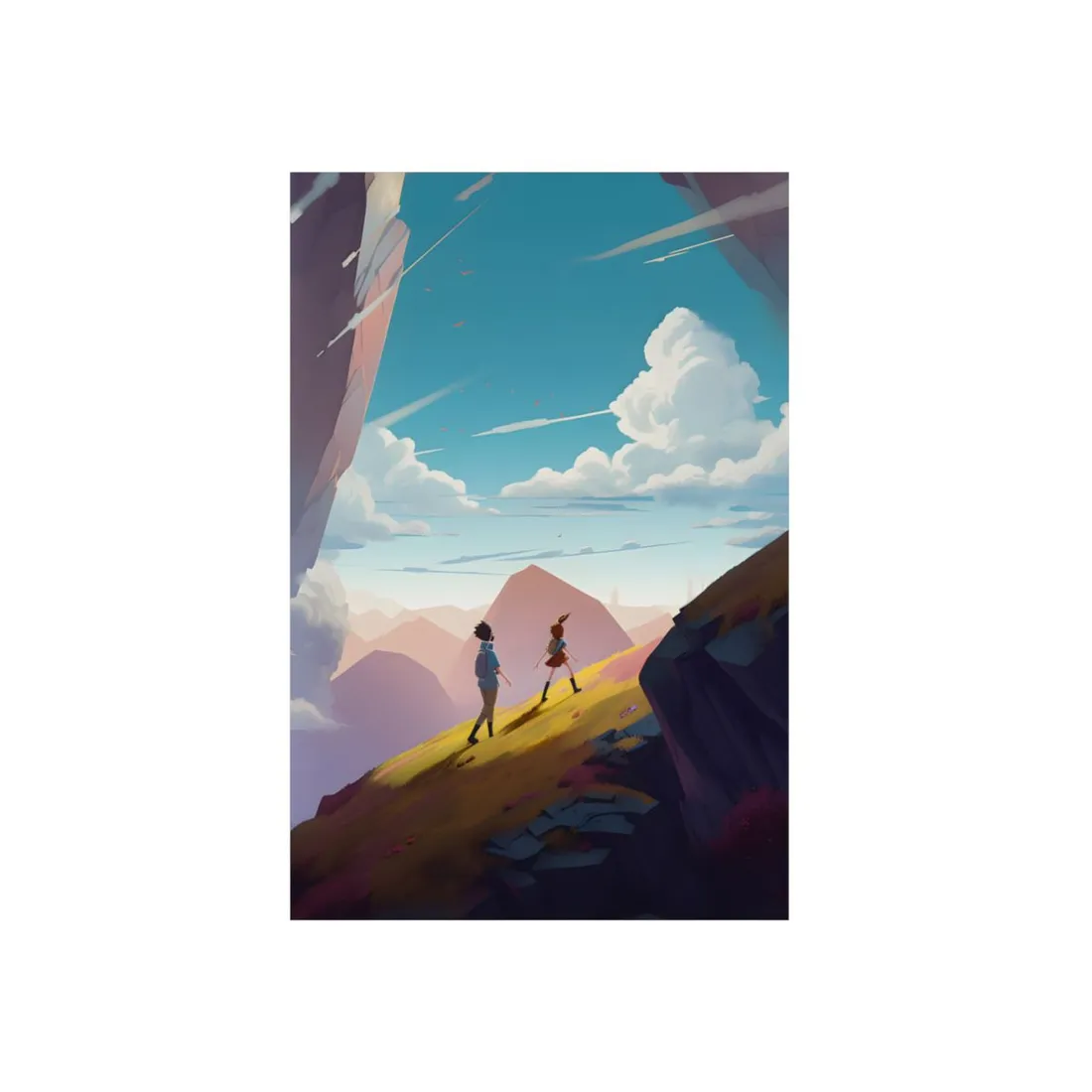 Young Boy and Girl on Cloudy Meadow: Outdoor Landscape Art - Metal Poster