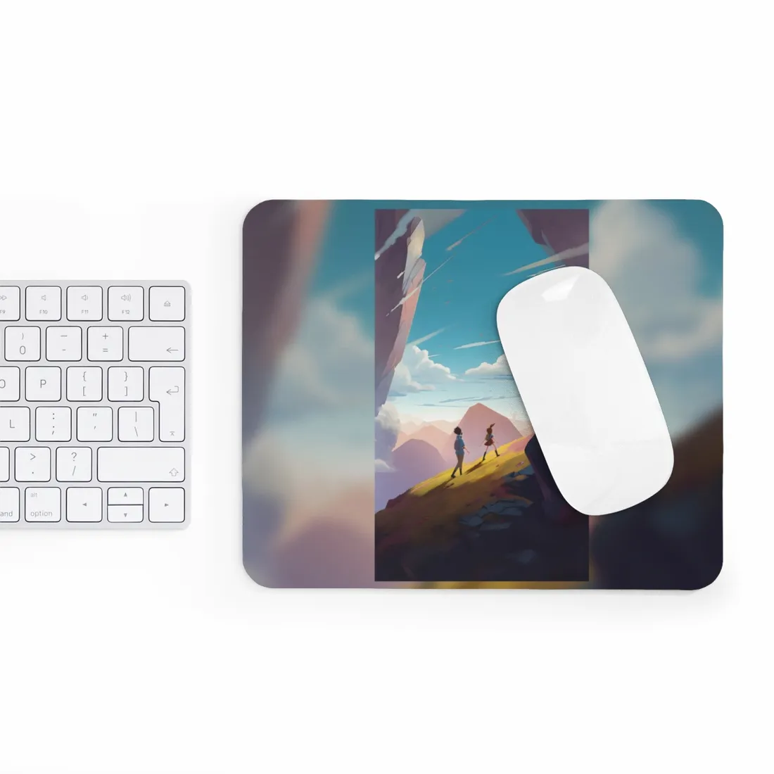 Young Boy and Girl on Cloudy Meadow: Outdoor Landscape Art - Mouse Pad