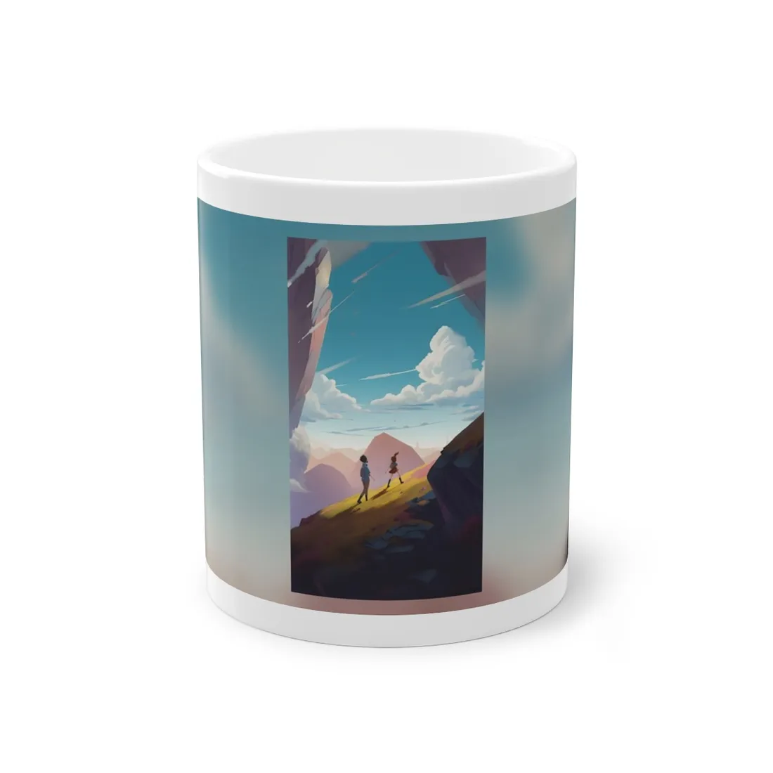 Young Boy and Girl on Cloudy Meadow: Outdoor Landscape Art - Mug