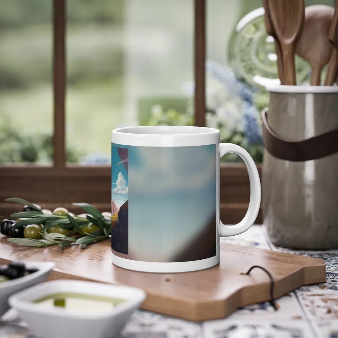 Young Boy and Girl on Cloudy Meadow: Outdoor Landscape Art - Mug