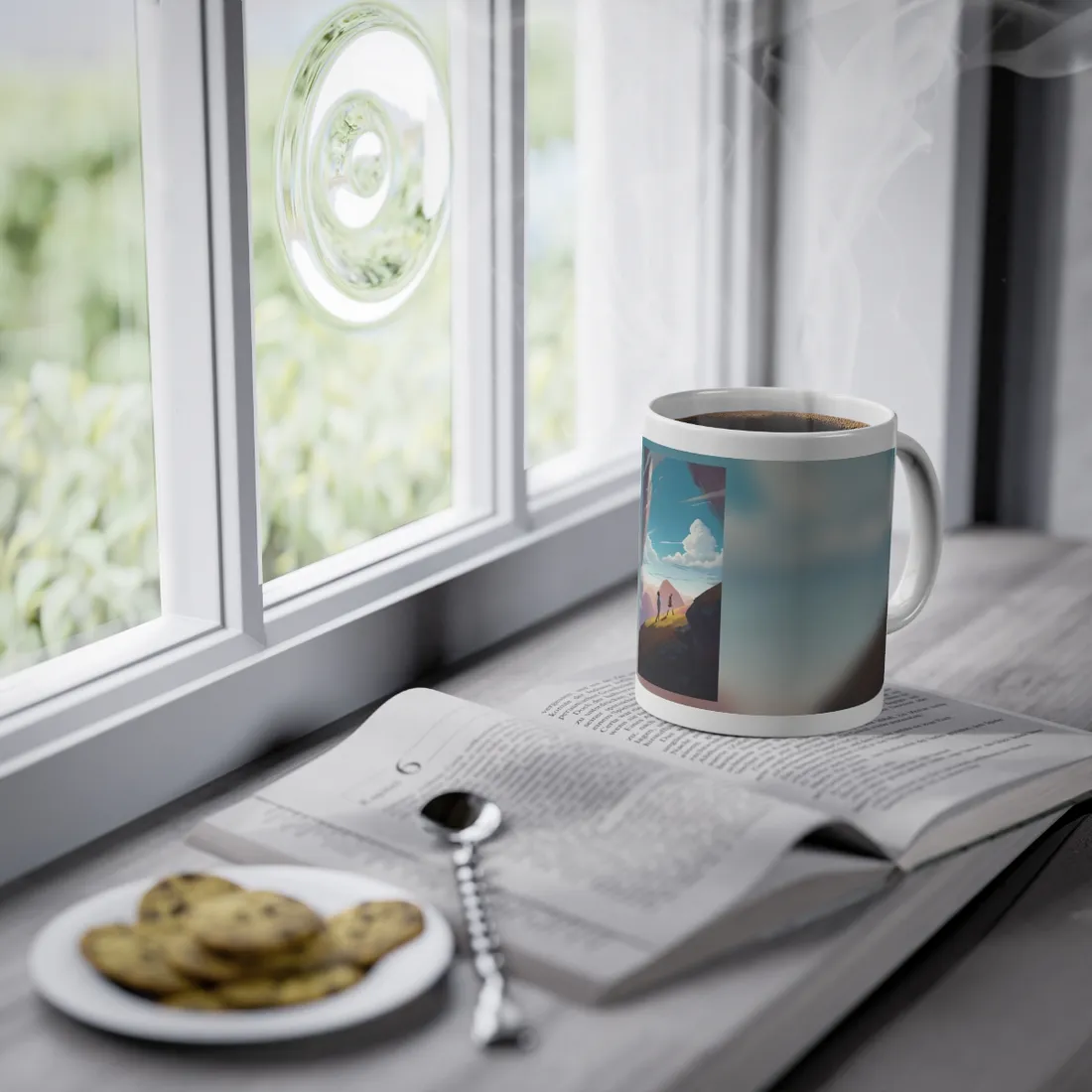 Young Boy and Girl on Cloudy Meadow: Outdoor Landscape Art - Mug