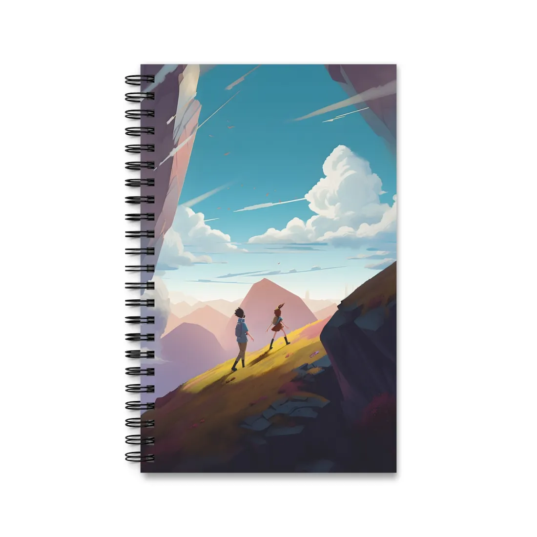 Young Boy and Girl on Cloudy Meadow: Outdoor Landscape Art - Spiral Notebook