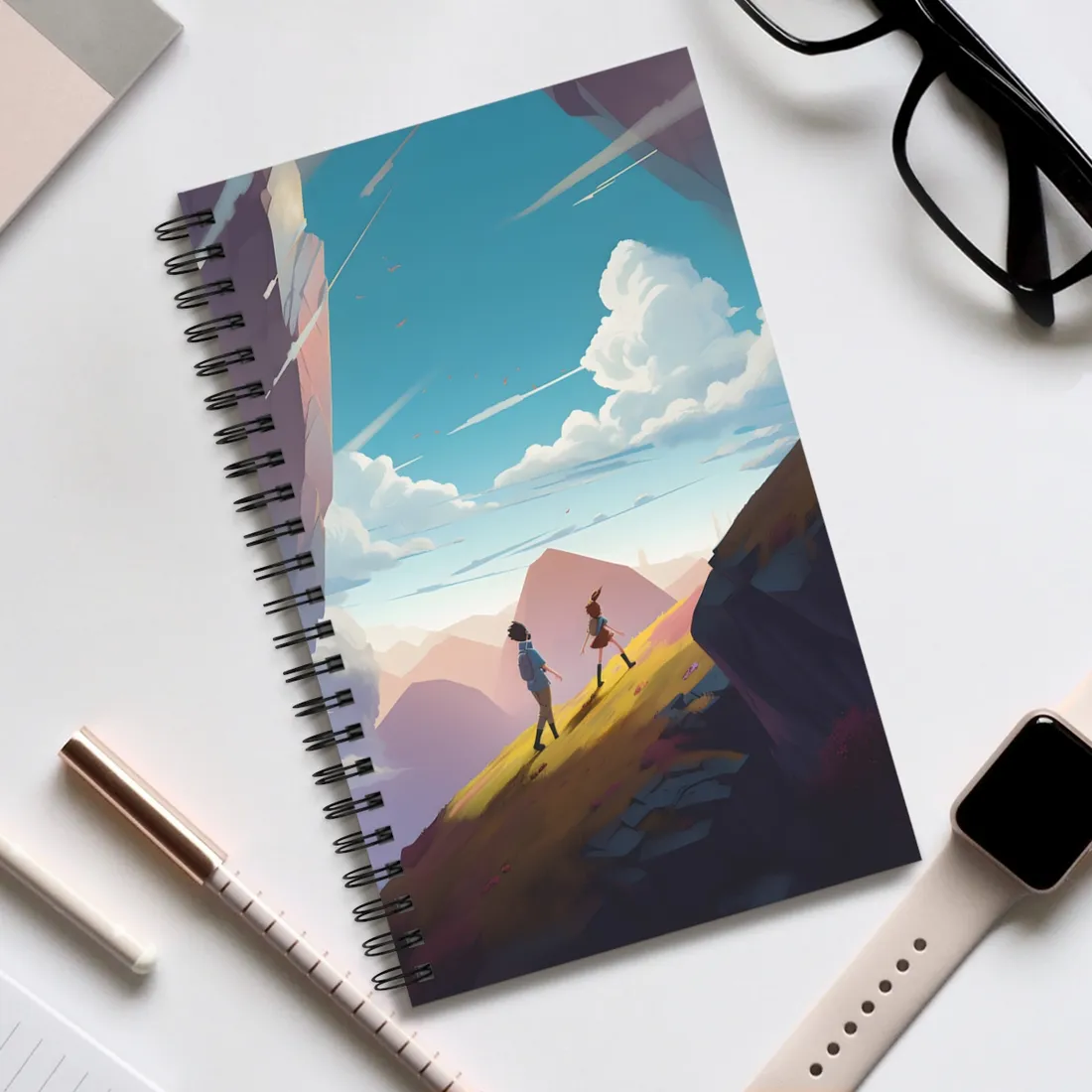 Young Boy and Girl on Cloudy Meadow: Outdoor Landscape Art - Spiral Notebook
