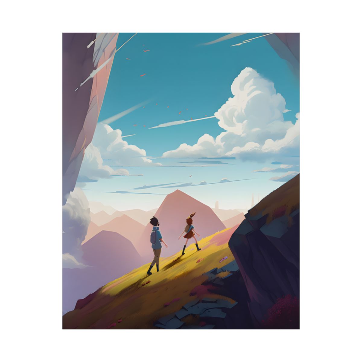 Young Boy and Girl on Cloudy Meadow: Outdoor Landscape Art - Poster