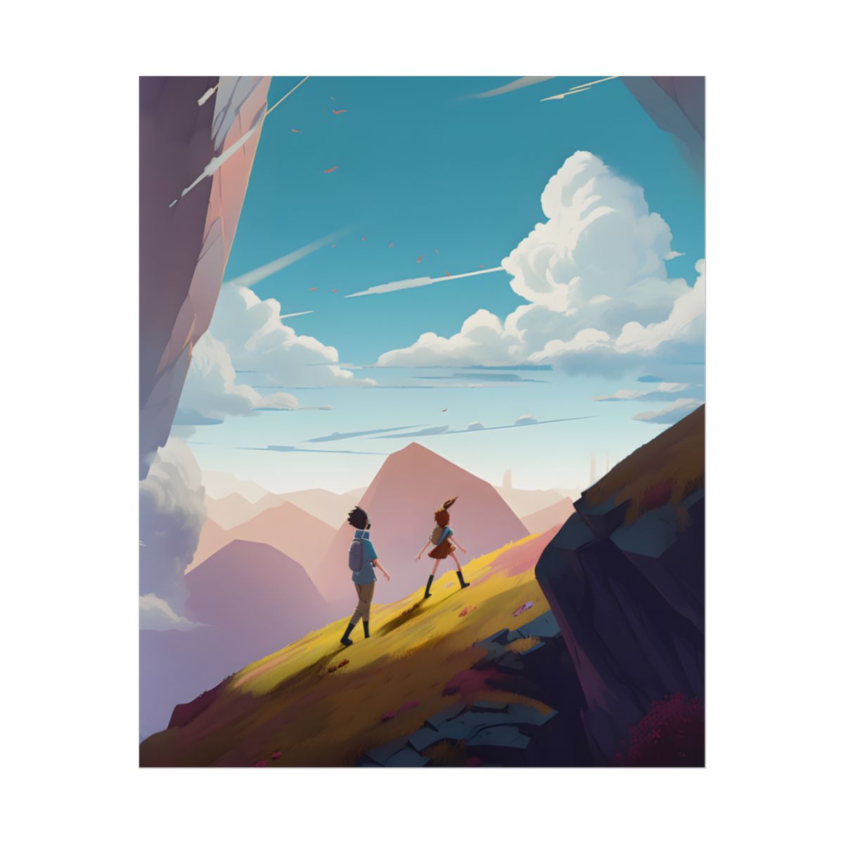 Young Boy and Girl on Cloudy Meadow: Outdoor Landscape Art - Poster