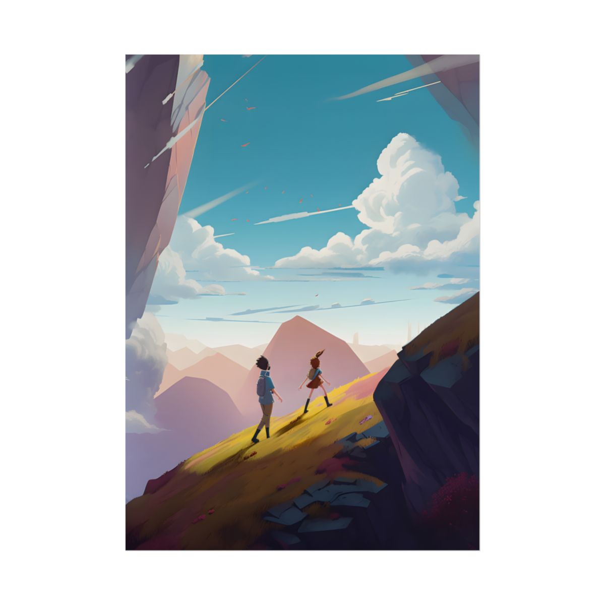 Young Boy and Girl on Cloudy Meadow: Outdoor Landscape Art - Poster