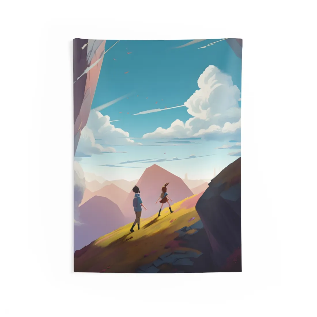 Young Boy and Girl on Cloudy Meadow: Outdoor Landscape Art - Wall Tapestry