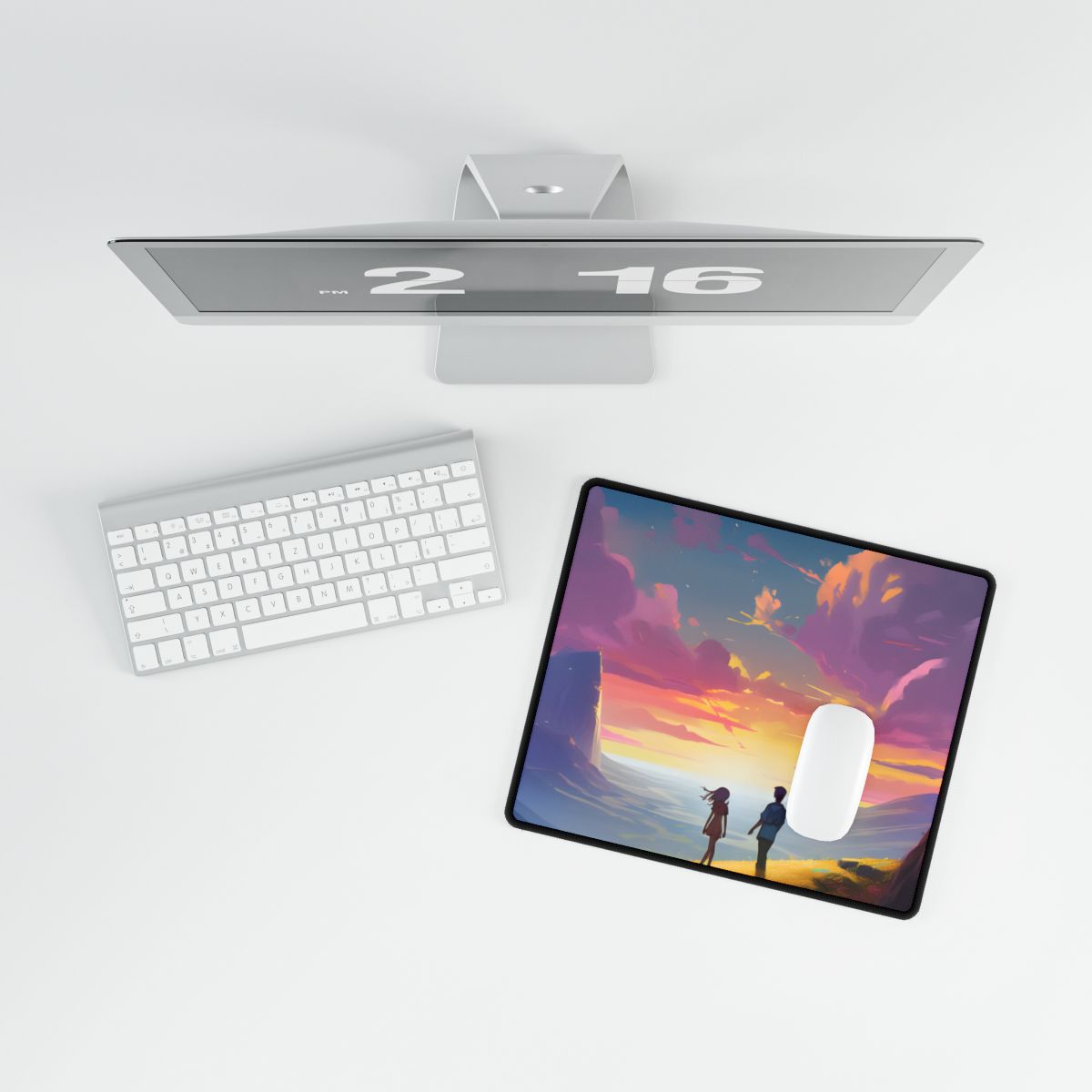 Young Love in a Cloudy Meadow: A Heartwarming Artwork - Desk Mat